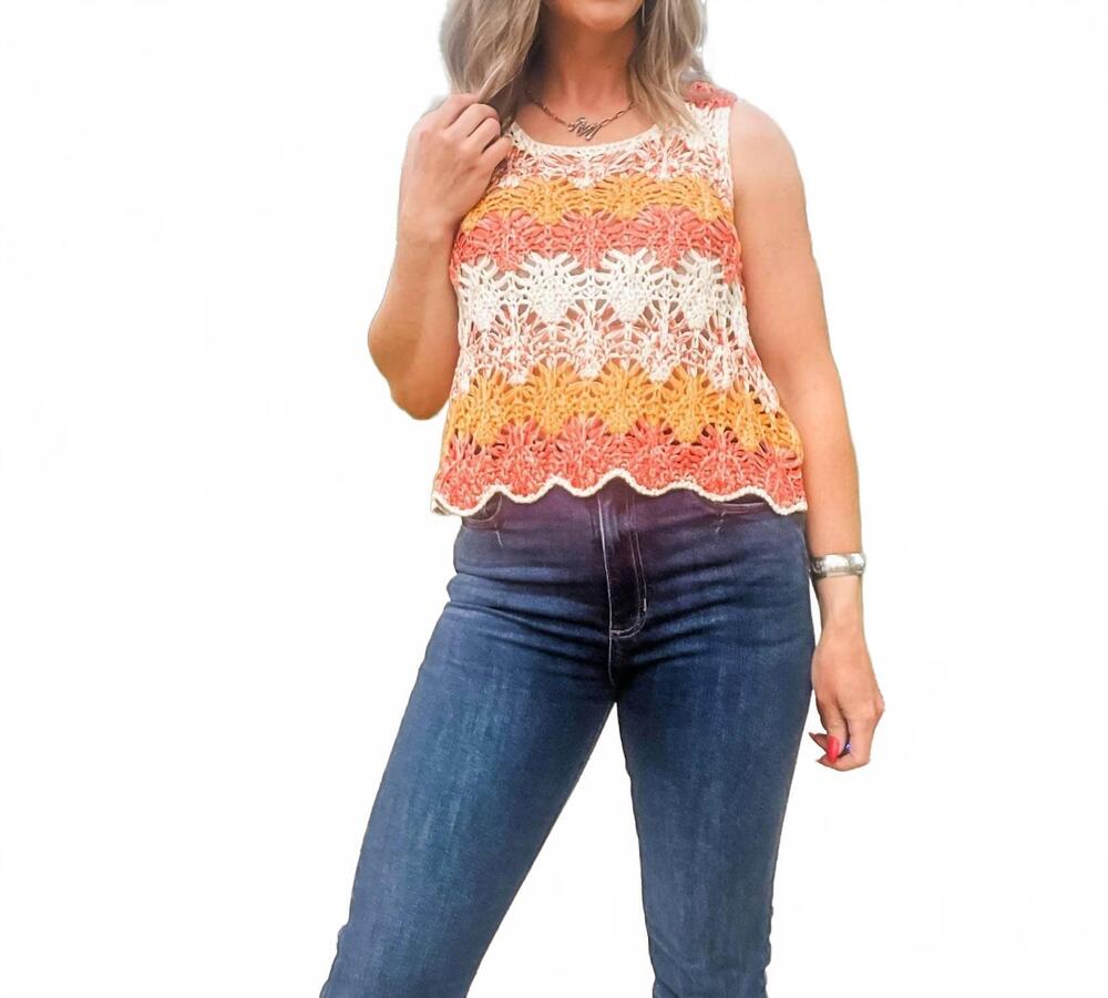 NEW HEM & THREAD open crochet color block tank in coral